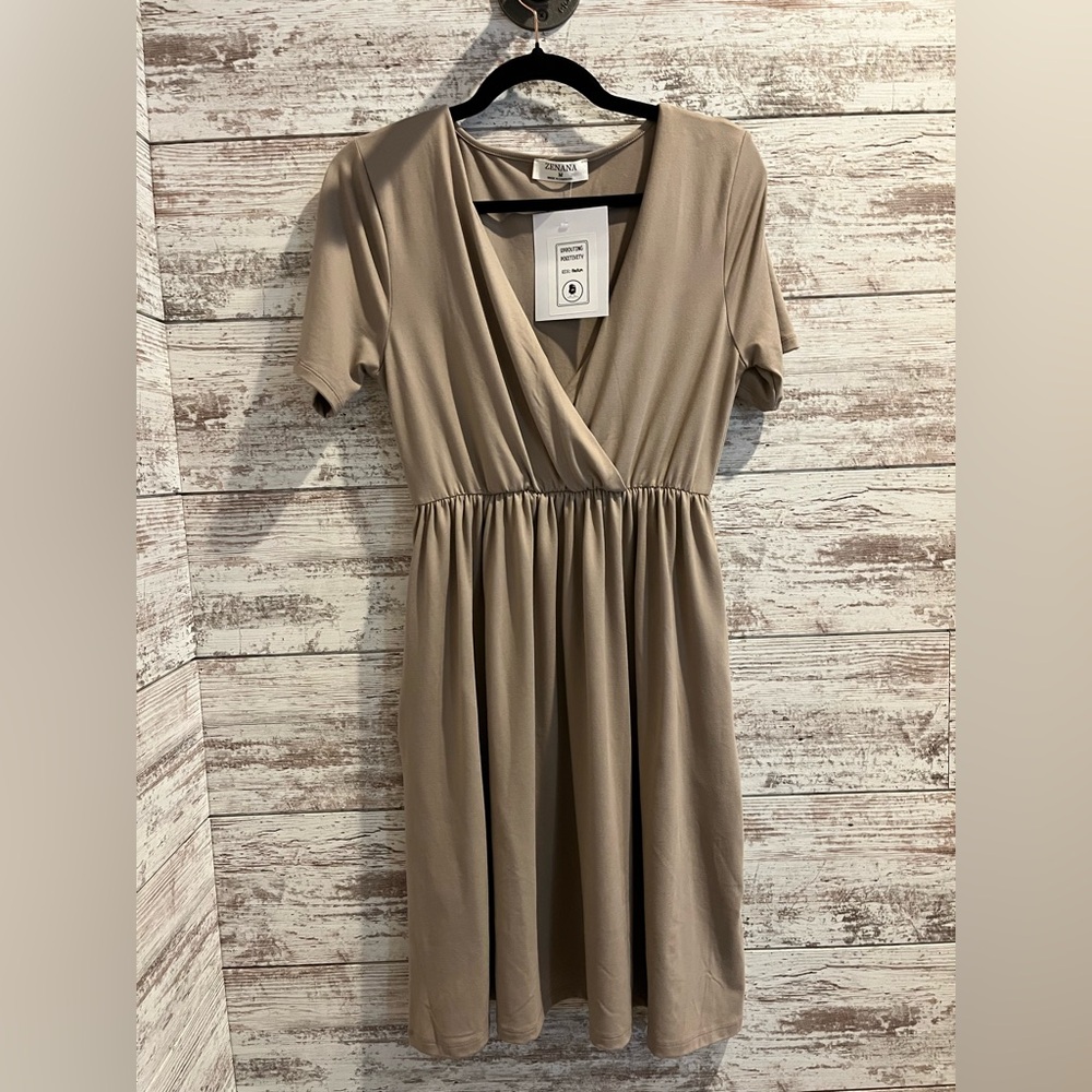 Zenana Outfitters Taupe Wrap Midi Dress MEDIUM